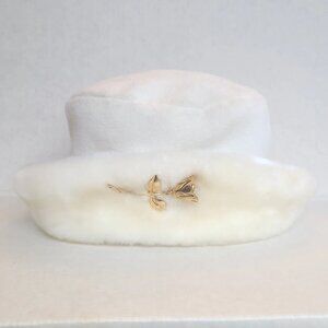 Vintage Reflections faux Ivory Fur Short Brim Quilting Hat Retro WOMEN Rose Pin